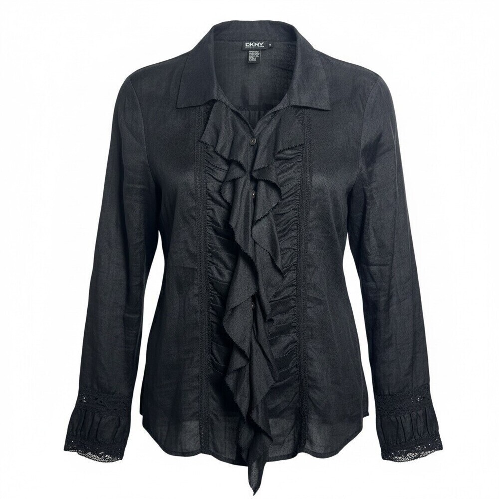 DKNY Vintage Ruffle Blouse Black Gothic Victorian Steampunk Size 14 Donna Karan